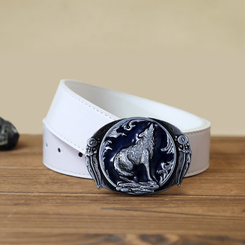 Men's DIY Enamel Domineering Howling Wolf Buckle Leather Belt - Blue - White PU Belt (40) - image 9