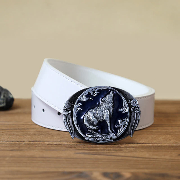 Men's DIY Enamel Domineering Howling Wolf Buckle Leather Belt - Blue - White PU Belt (40) - image 9