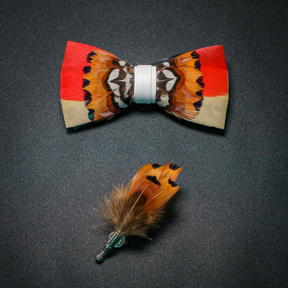 Orange & White Lively Feather Bow Tie with Lapel Pin - Orange & White - image 0