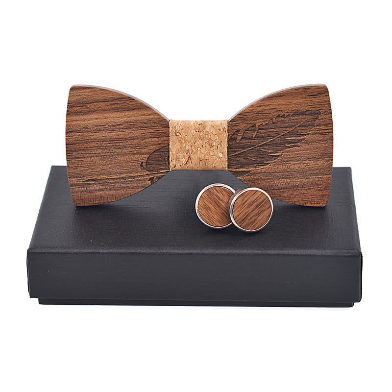 2Pcs Men's Feather Engraving Wooden Bow Tie Set - Cork - image 12