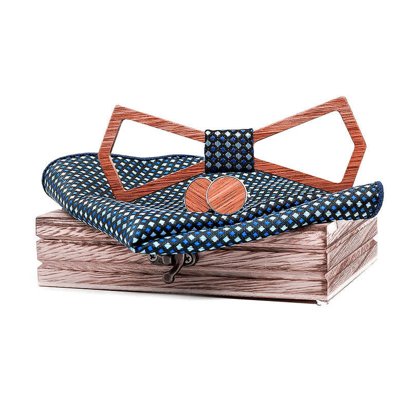 3Pcs Men's Hollow Carved Design Wooden Bow Tie Set - Blue Grid - image 12