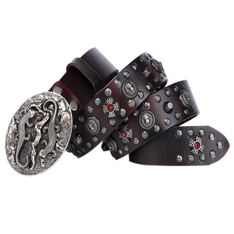 Men's Studded Ruby Lion Ornament Leather Belt - Reddish-Brown - 44 - image 7