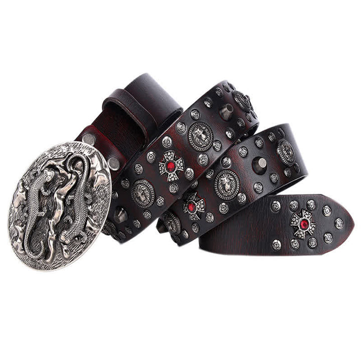 Men's Studded Ruby Lion Ornament Leather Belt - Reddish-Brown - 44 - image 7