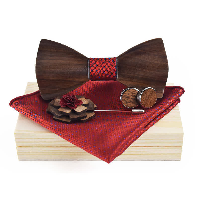 4Pcs Men's Vintage Black Wooden Bow Tie Set - Red - image 9