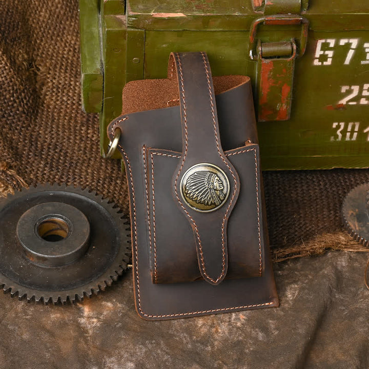 Phone Holster Magnetic Button Crazy Horse Leather Belt Bag - Style #2 - Coffee - image 7