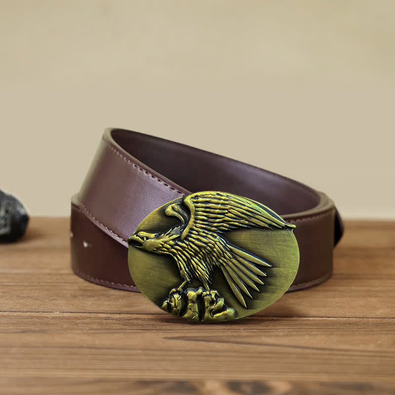 Men's DIY Eagle On Stone Buckle Leather Belt - Gold - Brown PU Belt (40) - image 10