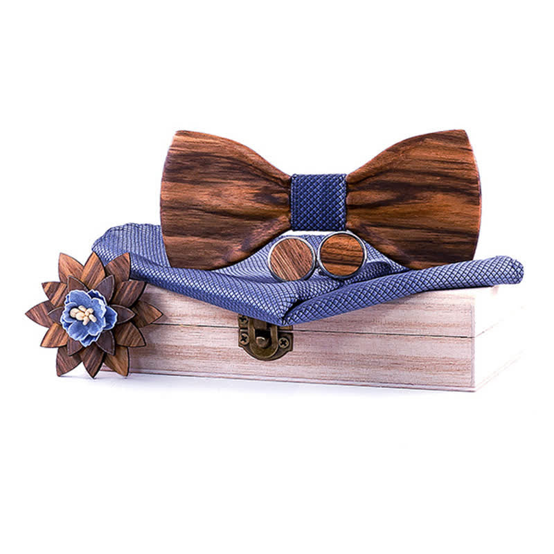 4Pcs Men's Formal Concave Wooden Bow Tie Set - Navy - image 7