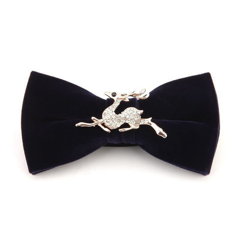 Men's Elk Head Rhinestone Christmas Velvet Bow Tie - Dark Blue Deer - image 5