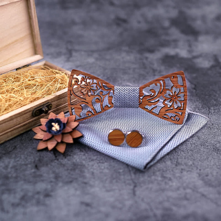 4pcs Men's Hollow Floral Wooden Bow Tie Set - image 5