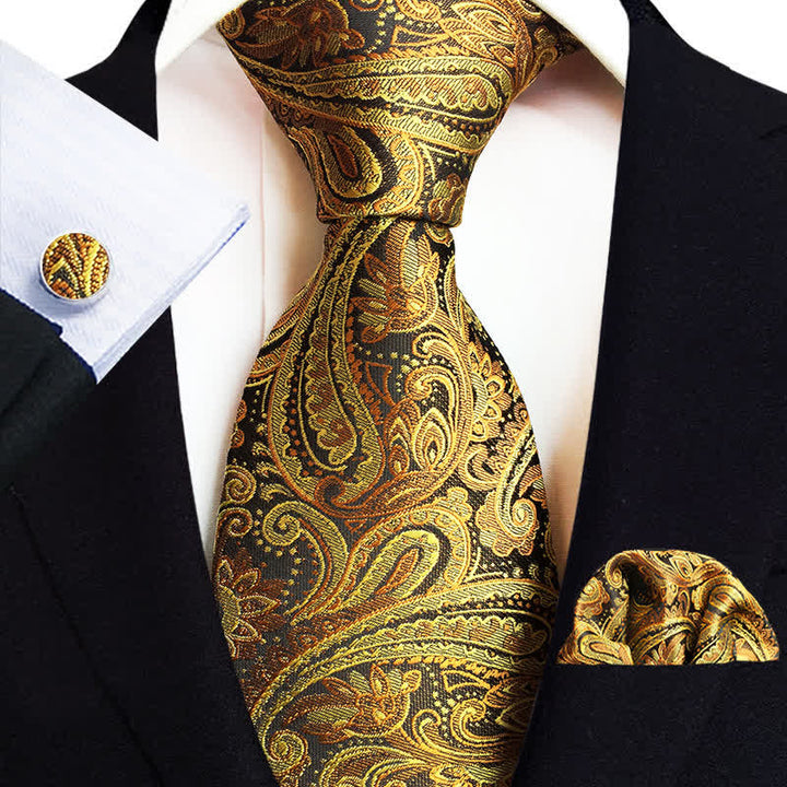 3Pcs Men's Classic Paisley Floral Necktie Set - Gold & Black - image 0