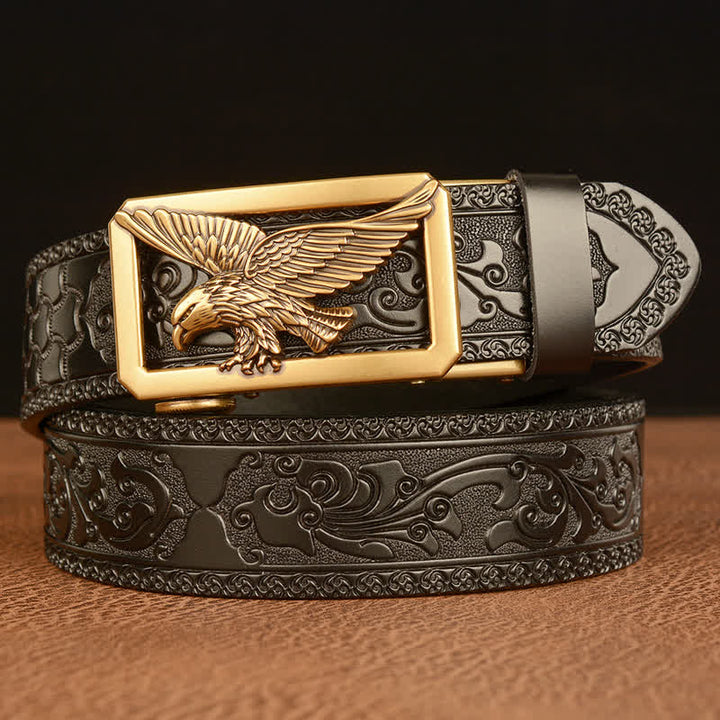 Men's Vintage Hollow Eagle Buckle Leather Belt - Gold & Black - 46 - image 8
