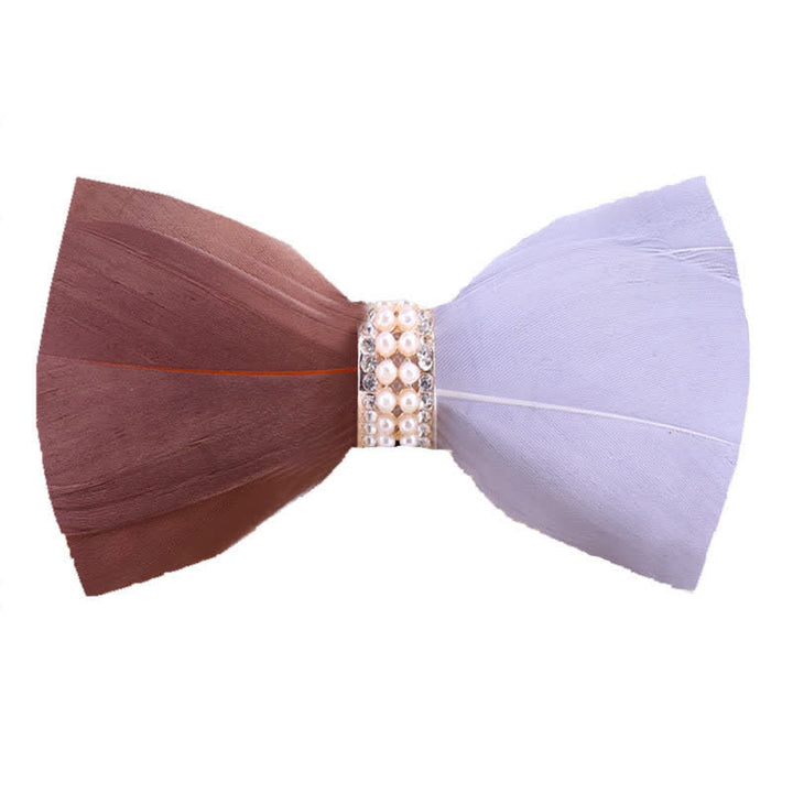 Brown & White Shiny Pearl Feather Bow Tie with Lapel Pin - Brown & White - image 0