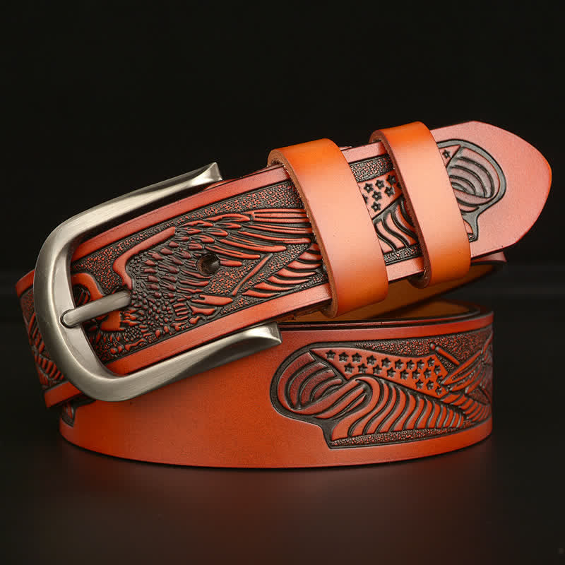 Men's Embossed Eagle Flag Pattern Leather Belt - Orange - 46 - image 15