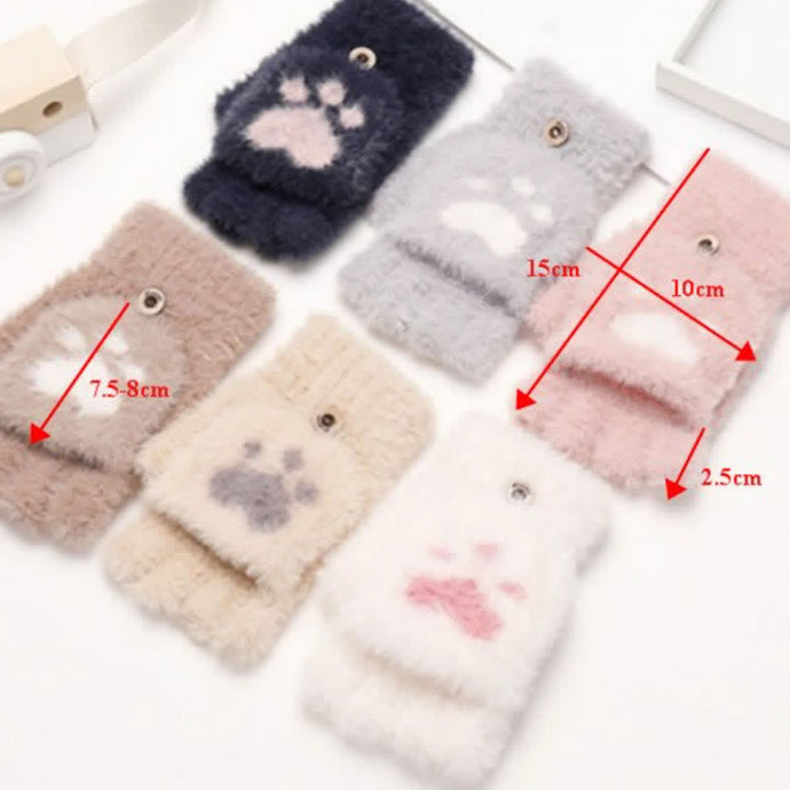 Women's Warm Cat Paw Print Mittens Fluffy Gloves - image 2