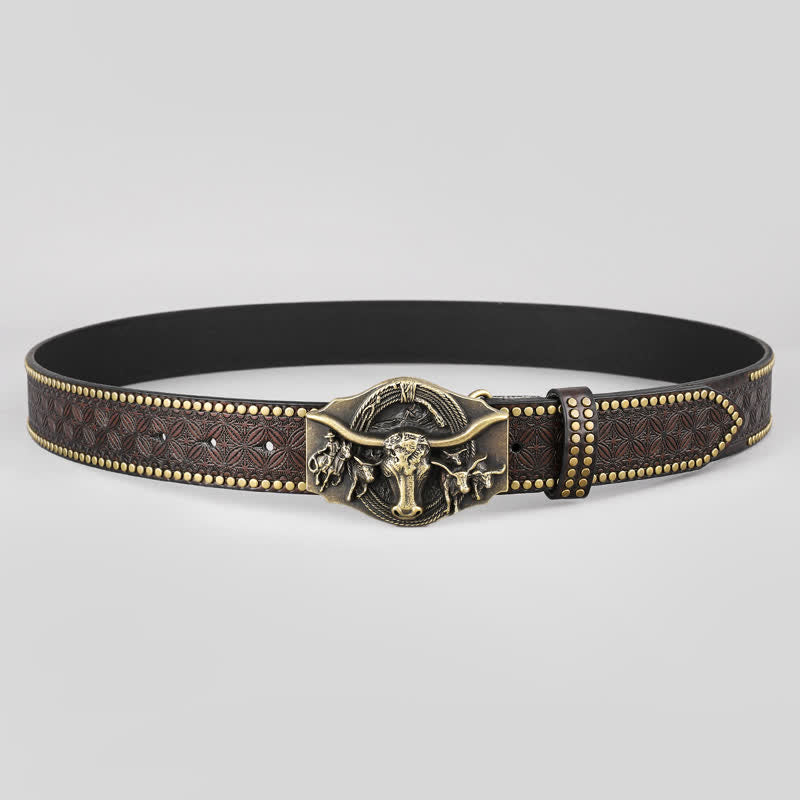 Men's Vintage Western Longhorn Bull Leather Belt - image 1