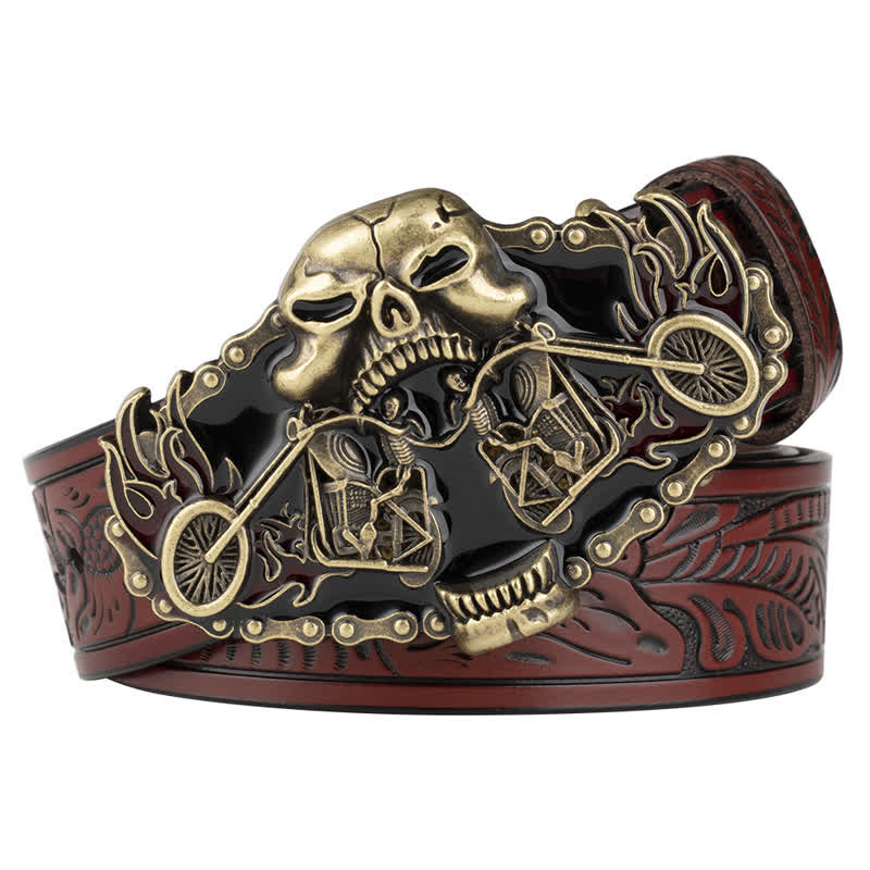 Men's Gothic Motorcycle Ghost Head Leather Belt - Brown / Gold - 46 - image 7