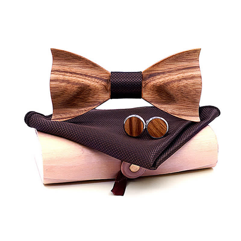 3Pcs Men's Classic Simple Wooden Bow Tie Set - Brown - Style #1 - image 9
