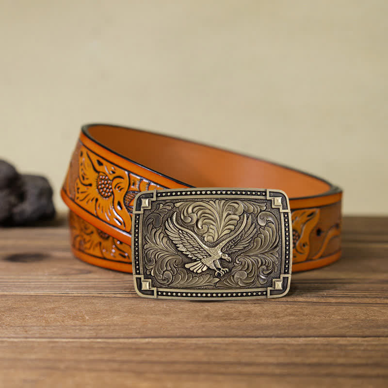 Men's DIY Soaring Eagle In Dreamy Sky Buckle Leather Belt - Antique Bronze - Orange Carved Belt (40) - image 23