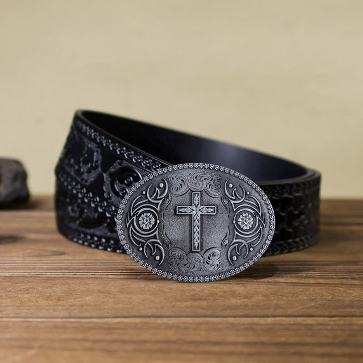 Men's DIY Faith Cross Floral Buckle Leather Belt - Antique Silver - Black Carved Belt (40) - image 14