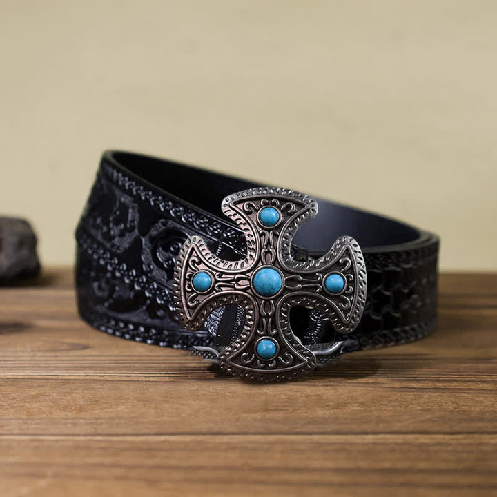 Men's DIY Retro Turquoise Stone Cross Buckle Leather Belt - Cross - Black Carved Belt (40) - image 8