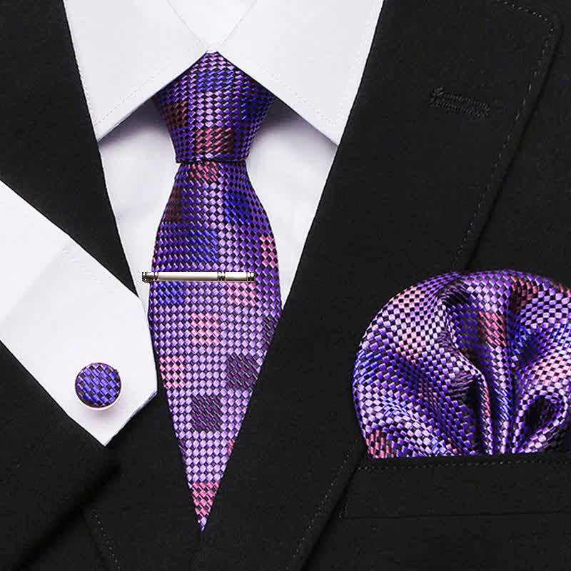 4Pcs Purple Men's Fantasy Mosaic Plaid Necktie Set - Purple - image 0