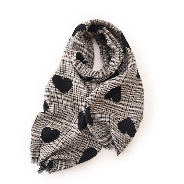 Women's Dual-sided Color Block Heart Plaid Scarf - Black - image 3