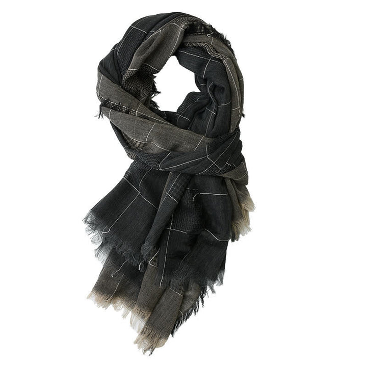 Men's Two-Tone Patchwork Checked Fringe Scarf - Black - image 1