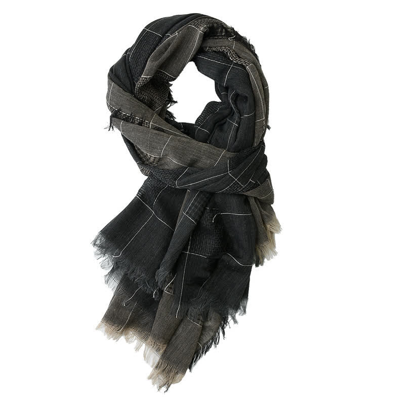 Men's Two-Tone Patchwork Checked Fringe Scarf - Black - image 1