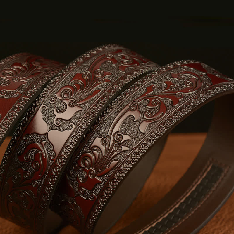 Men's Tiger Buckle Floral Embossed Leather Belt - image 7
