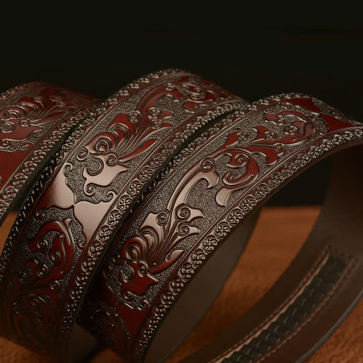 Men's Tiger Buckle Floral Embossed Leather Belt - image 7