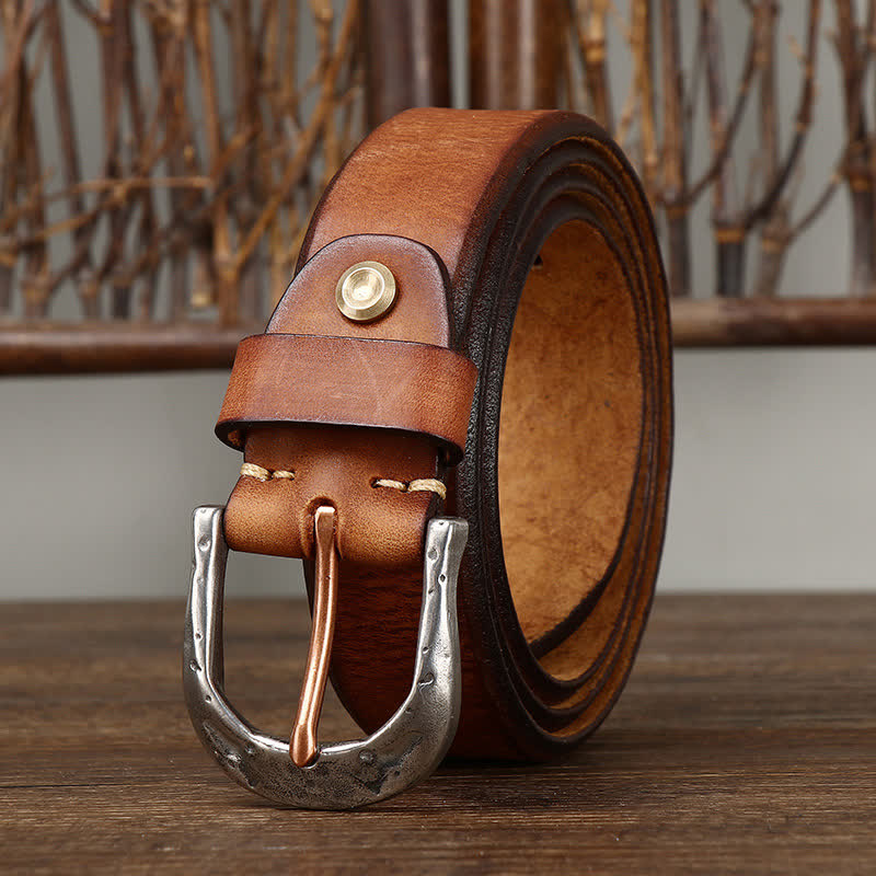 Men's Classic Vintage Carved Buckle Leather Belt - Yellowish Brown - 44 - image 8