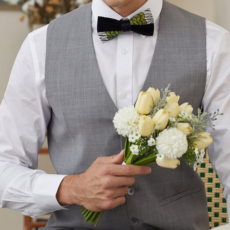 Black & White Patchwork Peacock Feather Bow Tie - image 2