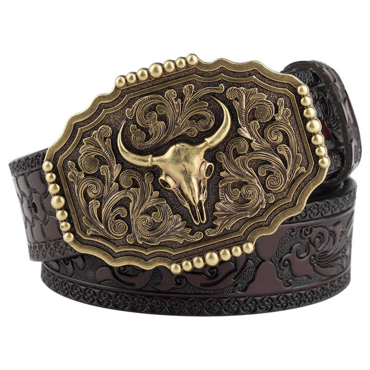 Men's Classic Floral Bull Skull Leather Belt - Coffee - 46 - image 9