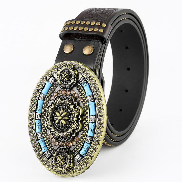 Men's Bohemian Style Turquoise Floral Leather Belt - Floral - 44 - image 0