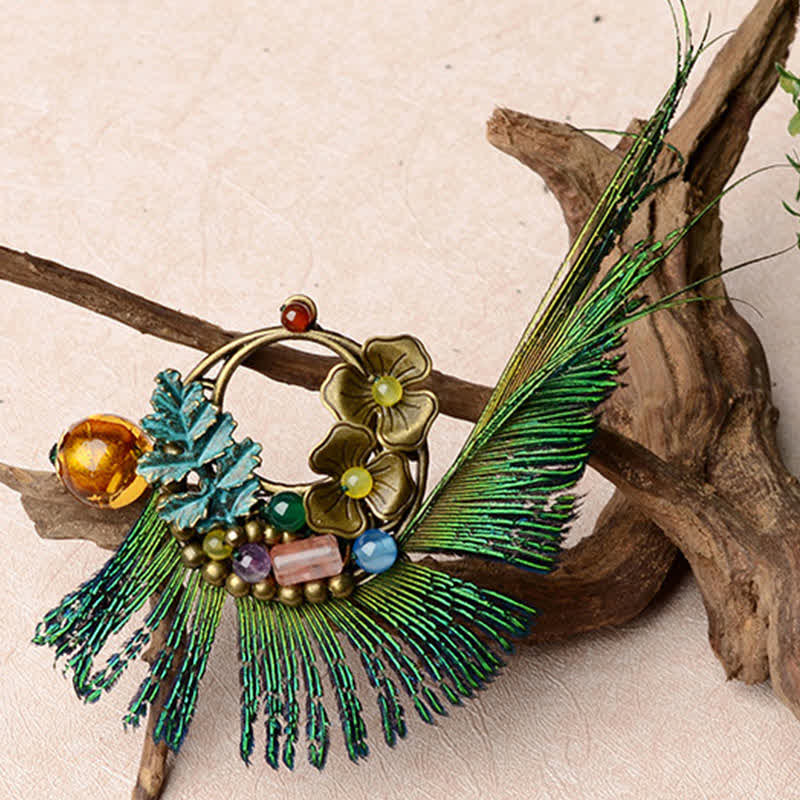 Women's Retro Bronze Flower Peacock Feather Brooch - image 4