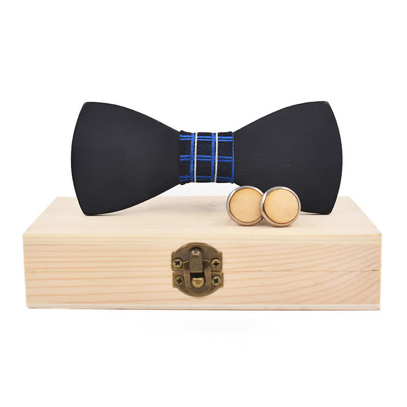 2Pcs Men's Black Wooden Bow Tie Cufflinks Set - Navy Plaid - image 11
