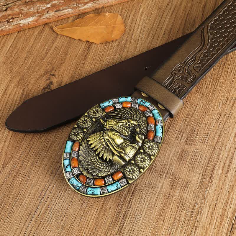 Men's Boho Indian Art Turquoise Leather Belt - image 5