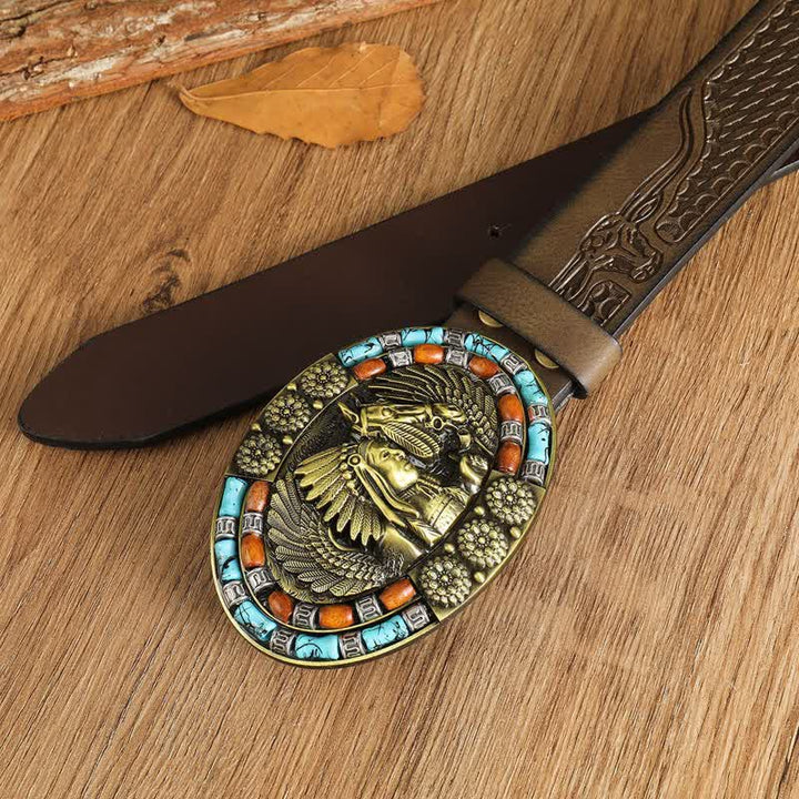 Men's Boho Indian Art Turquoise Leather Belt - image 5