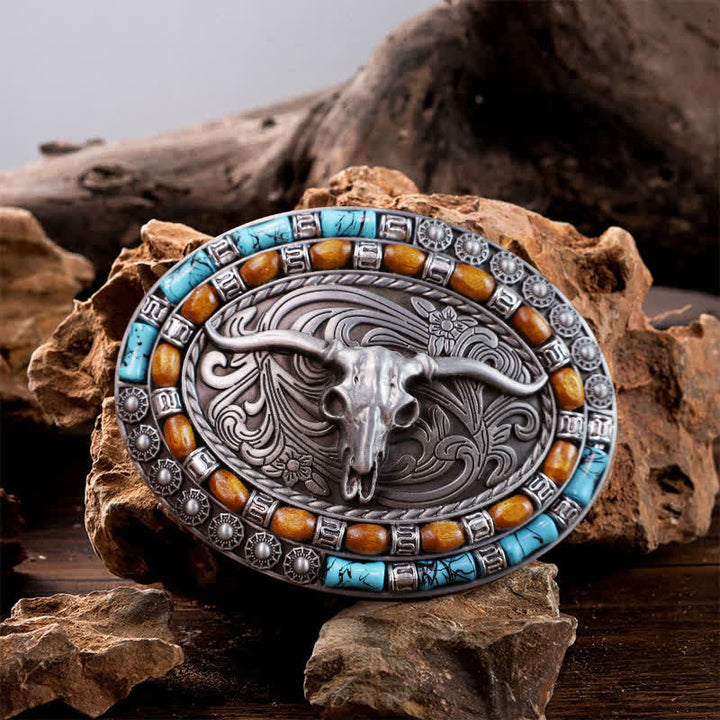 Men's DIY Turquoise Wood Bead Bull Buckle Leather Belt - Silver - Without Belt - image 0