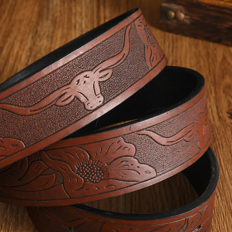 Men's Square Golden Longhorn Bull Leather Belt - image 2