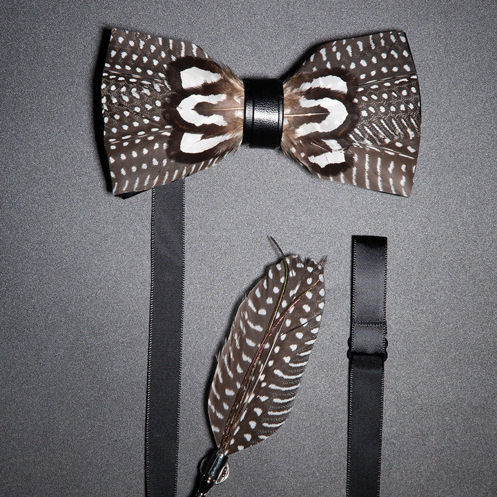 Brown & White Spots Feather Bow Tie with Lapel Pin - Brown & White - image 0