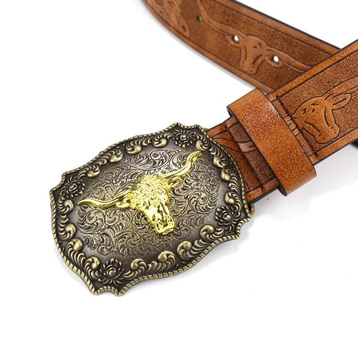 Men's Square Engraved Bull Flower Leather Belt - image 5
