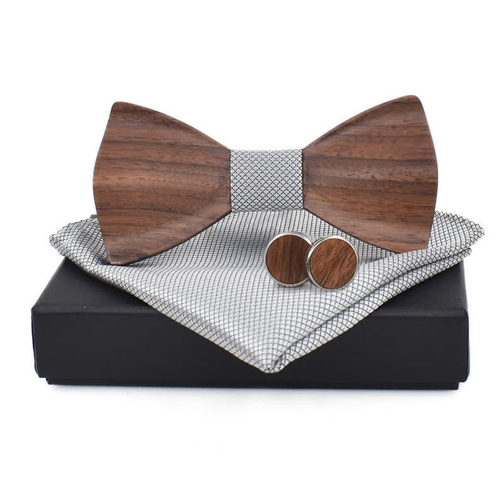 3Pcs Men's Plain Checkered Wooden Bow Tie Set - Gray - image 0
