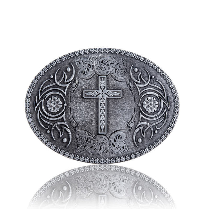 Men's DIY Faith Cross Floral Buckle Leather Belt - Antique Silver - Without Belt - image 2