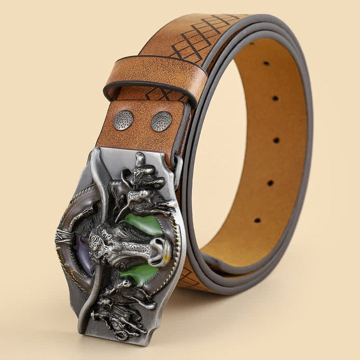 Men's Carved Cattle Longhorn Bull Leather Belt - Bull - 42 - image 0