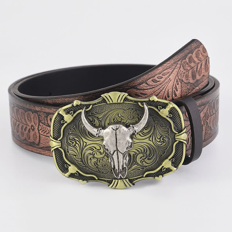 Men's Distressed Bull Square Buckle Leather Belt - Bull - 34 - image 0