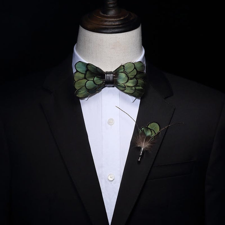 DarkOliveGreen Classic Feather Bow Tie with Lapel Pin - image 2