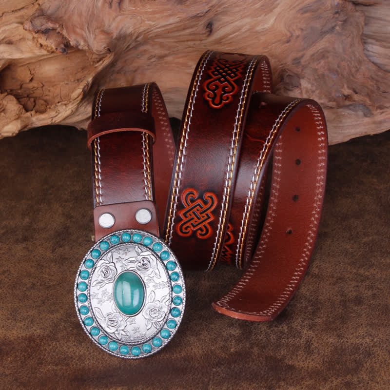 Unisex Carved Rose Turquoise Jade Agate Leather Belt - image 11