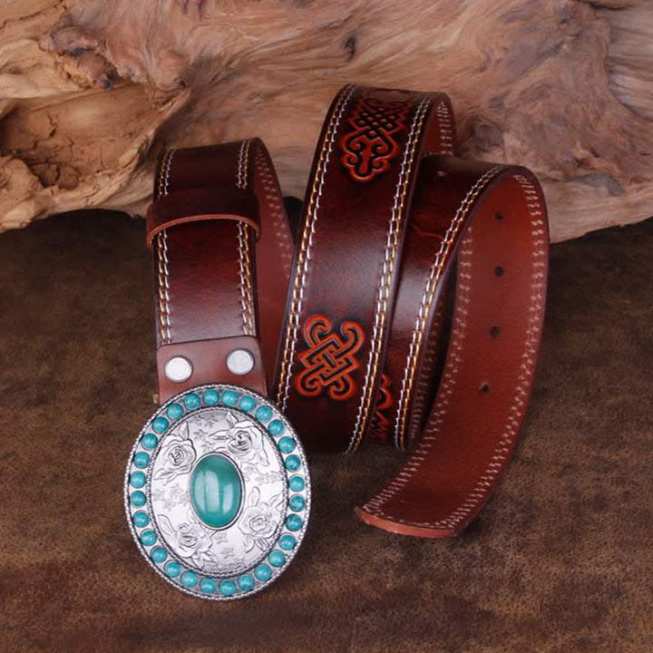 Unisex Carved Rose Turquoise Jade Agate Leather Belt - image 11