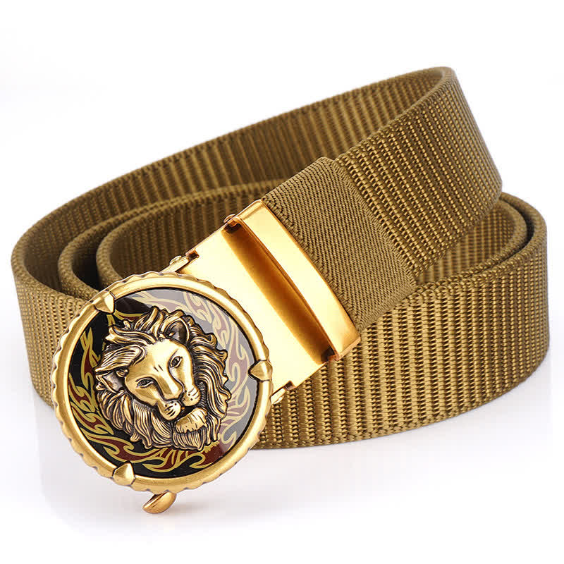Men's Practical Lion Head Pattern Nylon Belt - Khaki / Gold - 48" - image 0